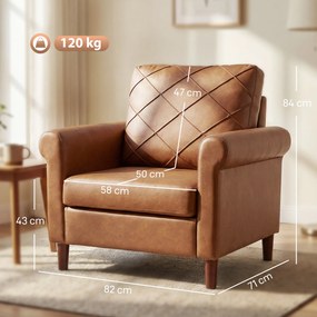 Poltrona Relax Estofada em PU com Almofada Espessa, Encosto com Costuras e Pernas de Madeira Maciça, Castanho