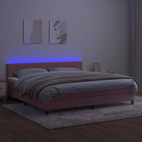 Cama box spring c/ colchão/LED 200x200 cm veludo rosa