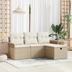 vidaXL Conjunto de Sofá de Jardim de 4 Peças com Almofadas Bege Vime Poliéster