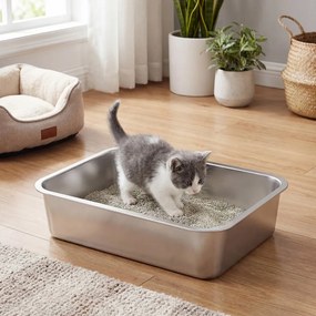 Caixa de areia gatos em aço inoxidável, com pá, aberta 40 x 30 x 10 cm prateado