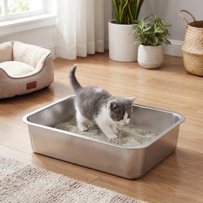 Caixa de areia gatos em aço inoxidável, com pá, aberta  40 x 30 x 10 cm prateado