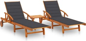 Espreguiçadeiras com mesa e almofadões 2 pcs acácia maciça
