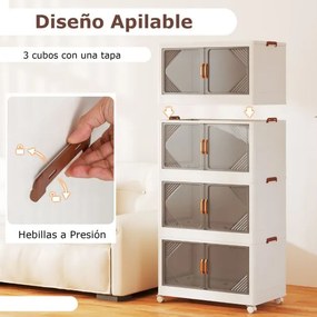 4 Caixas de armazenamento 284 L com tampa empilháveis com rodas e portas Organizador dobrável para quarto Branco