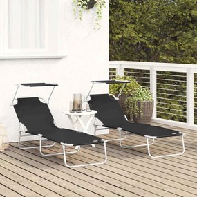 Espreguiçadeiras Dobráveis 2 pcs com Teto Preto Tecido Oxford 600D