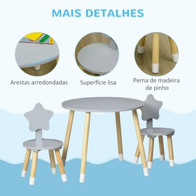 HOMCOM Conjunto de Mesa e 2 Cadeiras de Madeira para Crianças com Mesa Redonda Ø59x50cm e Cadeiras Ø28x51 Mobiliário Infantil para Sala de Jogos Quarto Cinza e Madeira
