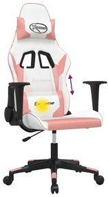 Cadeira gaming massagens couro artificial branco e rosa