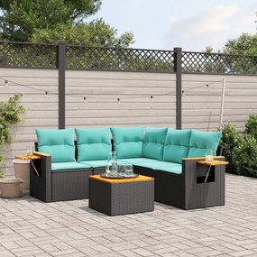 6 pcs conjunto de sofás p/ jardim c/ almofadões vime PE preto