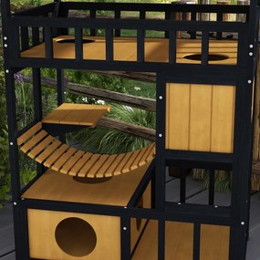 Casa para Gatos de Madeira 84x60x116 cm Abrigo para Gatos de 4 Níveis para Exterior com Ponte Suspensa Varanda Natural