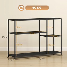 Mesa consola estreito com 4 prateleiras, estilo industrial, estrutura em aço, 110 x 30 x 75 cm, preto