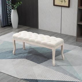 Banco com assento estofado, 110 cm, estofado em linho, com base em madeira de hevea esculpida, linho bege