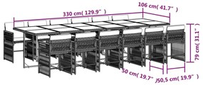 13 pcs conjunto de jantar p/jardim com almofadões vime PE preto