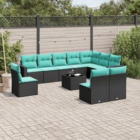 vidaXL 11 pcs conjunto sofás de jardim c/ almofadões vime PE preto