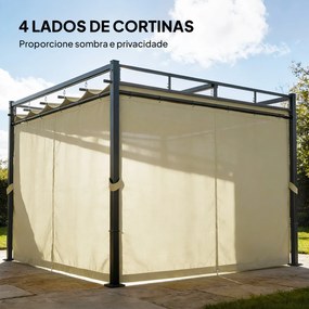 Pérgola de Jardim 295x295x221 cm com Teto Retrátil e Cortinas UPF30+ Estrutura Metálica Pérgola para Exterior Bege