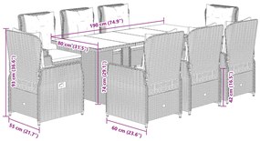 9 pcs conjunto de jantar p/ jardim com almofadões vime PE bege