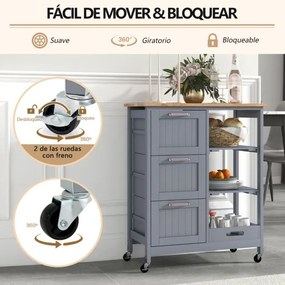 Carrinho de cozinha com tampo de madeira, 3 gavetas de armazenamento, 2 prateleiras removíveis e bandeja 67 x 37 x 83,5 cm Cinzento