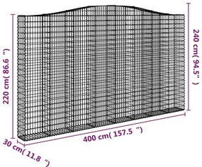 Cestos gabião arqueados 3pcs 400x30x220/240cm ferro galvanizado