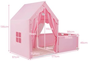 Tenda infantil 2 em 1 com Luzes de estrelas 177 x 97 x 136 cm Tapete Cortinas Janelas para crianças 3+ anos Interior Rosa