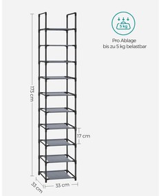 Sapateira de 10 níveis 33 x 33 x 173 cm com prateleiras cinzento