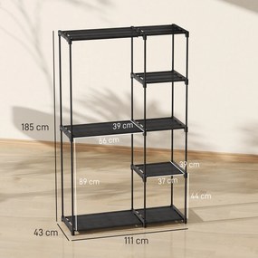 Guarda roupa aberto portátil com 2 varões para pendurar roupa e 6 prateleiras, 111 x 43 x 185 cm, preto