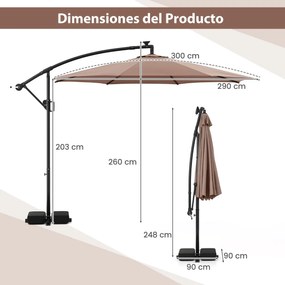 Guarda-sol 300 x 260 cm com base, iluminação LED, 9 modos, ajuste fácil da inclinação, rotação de 360° Café