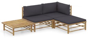 vidaXL 4 pcs conj. lounge jardim em bambu c/ almofadões cinza-escuro