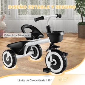Triciclo infantil de 3 rodas com assento ajustável, cestos dianteiro e traseiro, estrutura em ferro, para 1,5 a 5 anos Branco