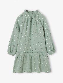 Agora -25% | Vestido às flores, em gaze de algodão, para menina verde-acinzentado