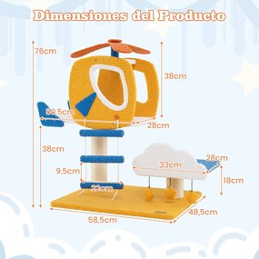 Arranhador para gatos com tema de aviação com poleiro de helicóptero Plataforma Escada 3 brinquedos Amarelo