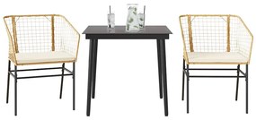 Conjunto jantar jardim 3 peças almofadas vidro vime PE castanho
