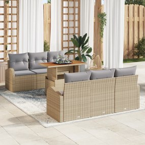 Conjunto de Sofá de Jardim de 7 Peças com Almofadas Bege Rattan Poliés