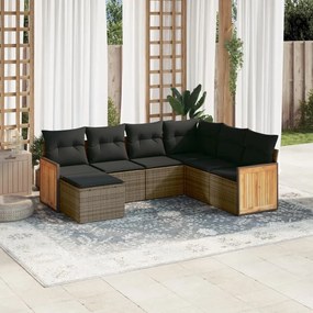 7 pcs conjunto sofás p/ jardim c/ almofadões vime PE cinzento