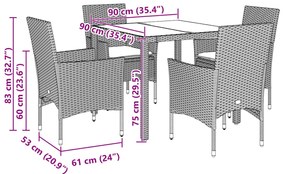 5pcs conjunto jantar jardim c/almofadões vime PE/vidro castanho