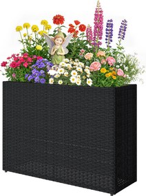 Floreira elevada em resina trançada 76 x 23 x 28 cm, suporte para flores com tabuleiro removível e pés ajustáveis preta