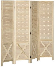 HOMCOM Biombo de 4 Painéis Separador de Ambientes Dobrável 152x1,7x144,5 cm Painéis com Orifícios para Pendurar Madeira