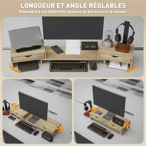 Suporte elevatório para monitor de computador de secretária, 60-116 C x 22 L x 12 A cm, com 2 gavetas, comprimento e ângulo ajustáveis cor carvalho