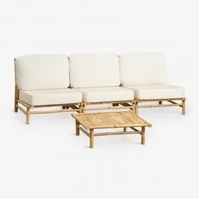Conjunto De Jardim Com Sofá Modular De 3 Peças E Mesa De Centro Quadrada 75x75 Cm Em Bambu Isendra Tecido Branco - Sklum