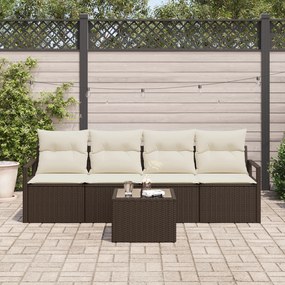 Conjunto de Sofá de Jardim de 5 Peças com Almofadas Castanho Poliratta