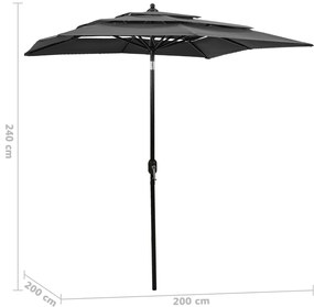 Guarda-sol de jardim 3 camadas c/ poste alumínio 2x2m antracite