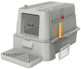 PawHut Caixa de Areia para Gatos de Aço Inoxidável XL com Tampa Articulada 180° Laterais Altas Pedal Pá 63x43x43 cm Cinza Claro | Aosom Portugal