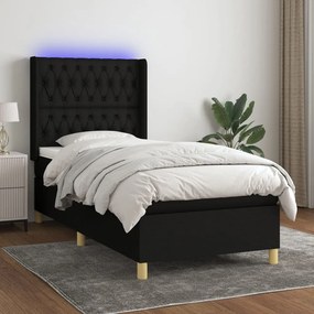 Cama box spring c/ colchão e LED 90x200 cm tecido preto