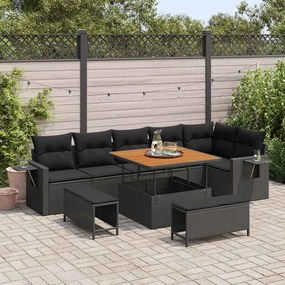 Conjunto de Sofá de Jardim vidaXL 9 Peças com Almofadas Preto Rattan Acácia