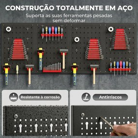 Organizador de Ferramentas de Parede com 38 Peças cada painel 60x40 cm com Ganchos e Suportes Preto e Vermelho