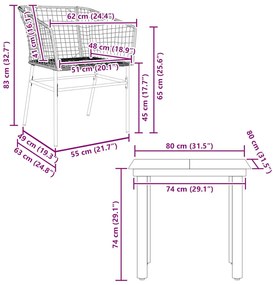 Conjunto jantar jardim 3 peças vidro vime PE castanho