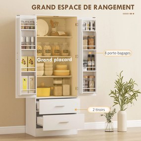 Armário alto de cozinha 60 x 40 x 159 cm com2 portas, 8 suportes para especiarias, 2 gavetas, prateleiras ajustáveis, , branco