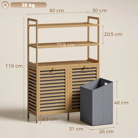 Móvel de casa de banho 80 L x 30 P x 118 A cm com cesto de roupa suja em bambu, com 2 cestos amovíveis e prateleiras de 3 níveis, em cor carvalho
