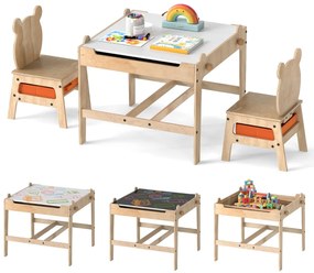 Conjunto de mesa e 2 cadeiras infantil 4 em 1 com quadro branco reversível e giz 2 gavetas de armazenamento Móvel de madeira Panda