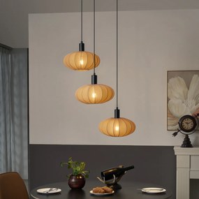 Candeeiro suspenso Japandi preto com abajur de tecido castanho 3-luzes - Bida