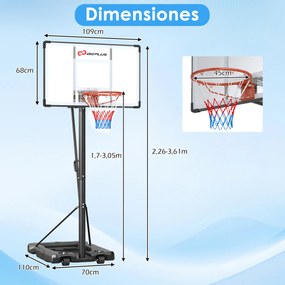 Cesto de basquetebol portátil para exterior com altura ajustável (1,7-3 m), base recheável e rodas, para crianças e adultos, para uso interior e exter
