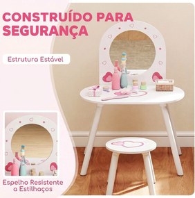Toucador Infantil com Banco e Espelho para Meninas com Desenhos de Corações para Crianças de 3-6 Anos Branca