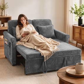 Sofá-cama 2 Lugares 3 em 1 com Encosto Ajustável em 5 Posições Bolsos Laterais e 2 Almofadas Cinza
